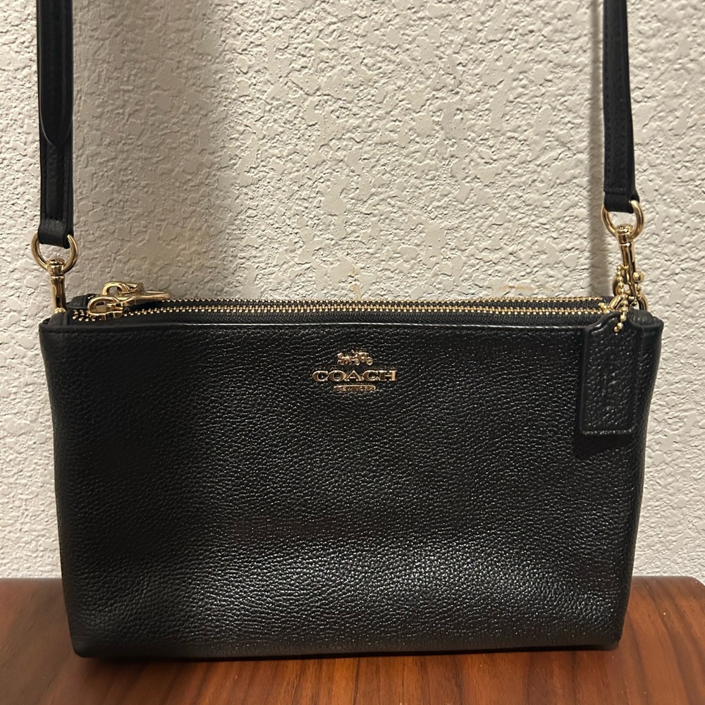 Coach Black Pebbled Leather Triple Compartment Crossbody with Gold Accent
